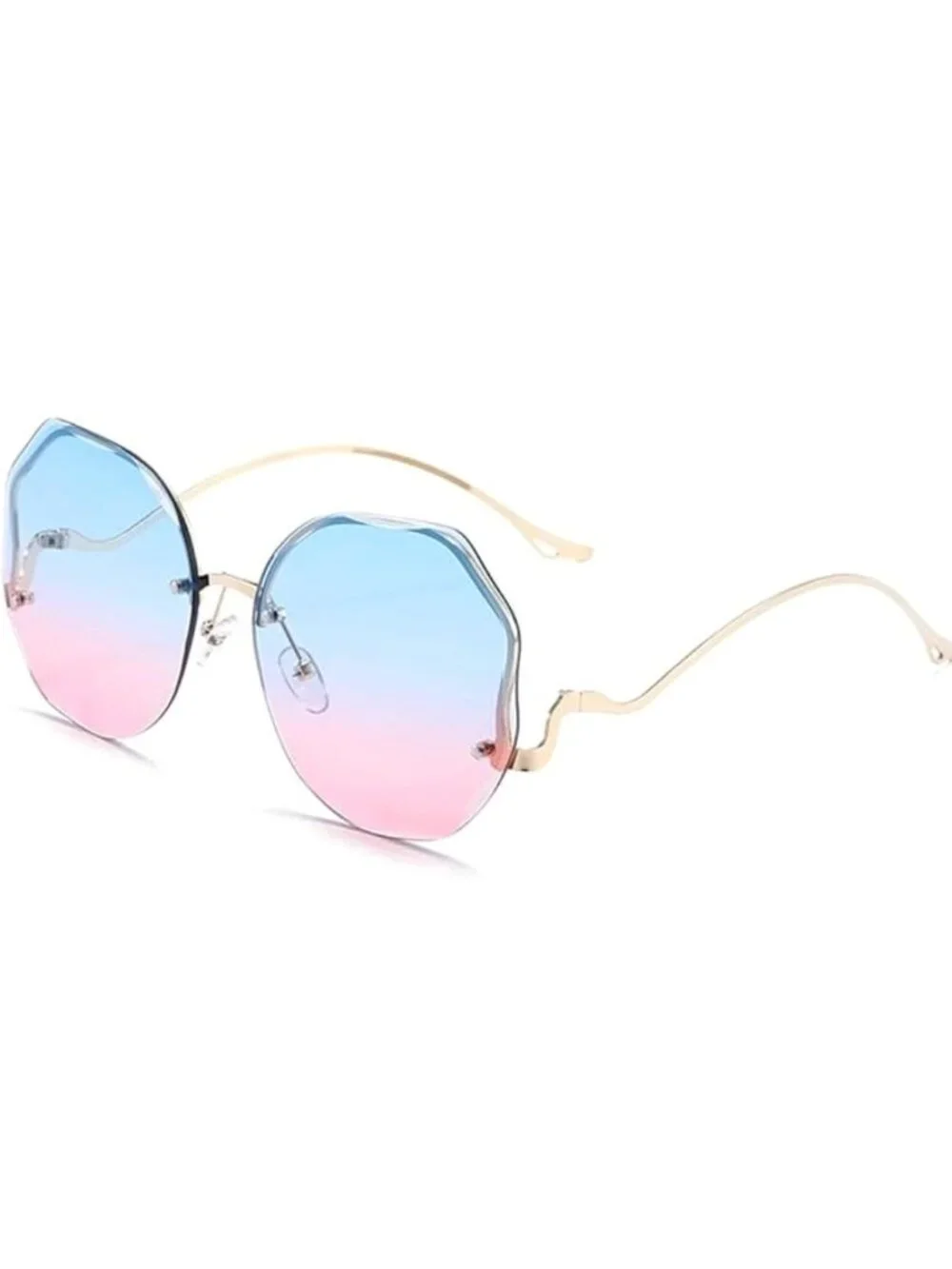 Blue & Pink Gradient Oversized Octagonal Sunglasses With Gold Frame